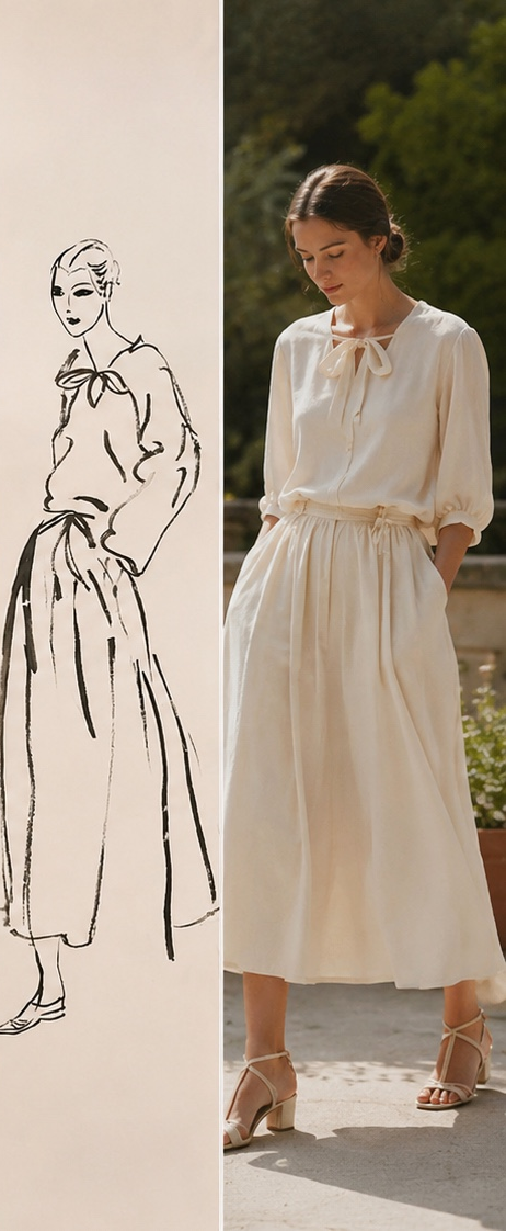 Poet Skirt Ensemble original sketch and reimagined garment
