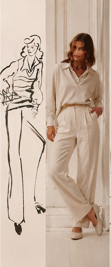 Riviera Trouser Set original sketch and reimagined garment