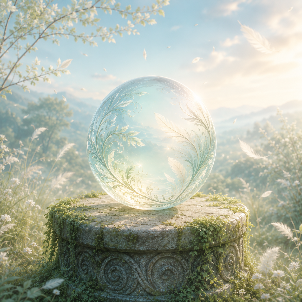 A glowing orb of light breaking through a green forest path