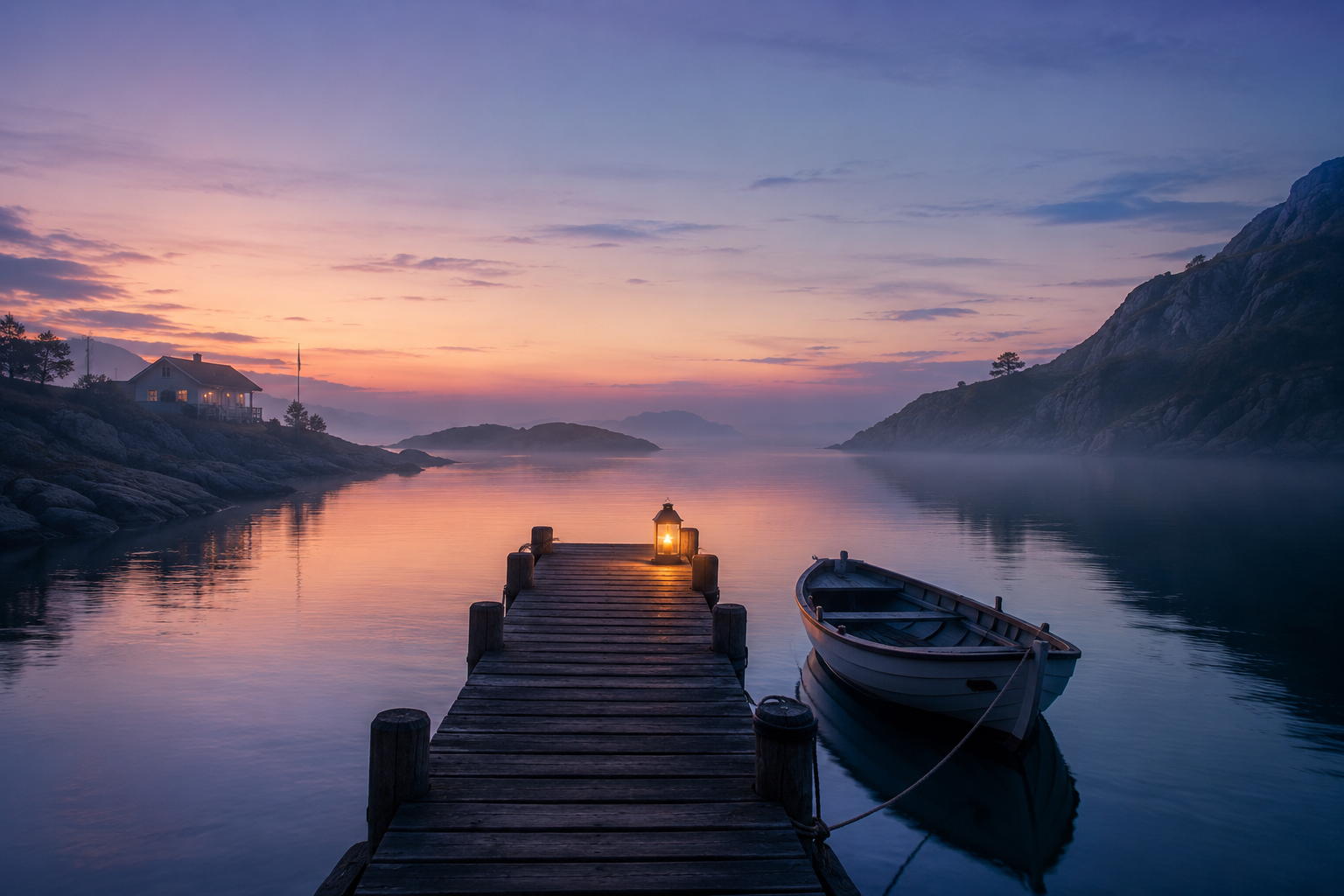 Safe Harbour scene with reflective light and calm, atmospheric composition.